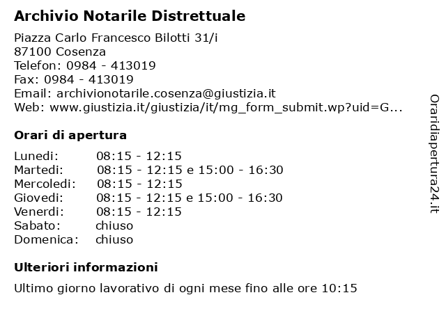 Orari di apertura Archivio Notarile Distrettuale Piazza